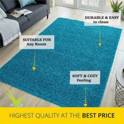STALWART Modern Shaggy Rug - 5Cm Thick Pile Soft Touch Washable Area Rugs Carpet (Teal Blue, 80X150Cm) - thumbnail 3
