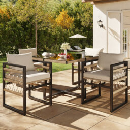 Btm 4-Seater Handwoven Garden Set, Iron Frame, 4 Beige Cushions, Glass Table, Weatherproof - thumbnail 2