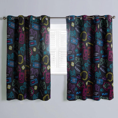 "OHS Gaming Eyelet Curtains Pair Of Blackout Woven Ring Top Panels, Black - 46"" X 54""" - image 1