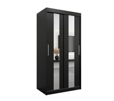 Arte Stylish Black Pole Sliding Door Wardrobe W1000mm H2000mm D620mm - Mirrored Storage With Silver Handles - image 1