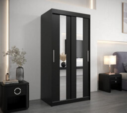 Arte Stylish Black Pole Sliding Door Wardrobe W1000mm H2000mm D620mm - Mirrored Storage With Silver Handles - thumbnail 2