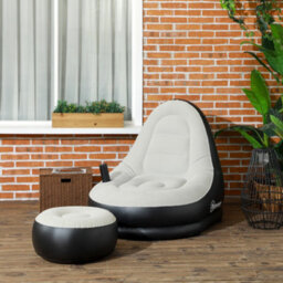 Outsunny Inflatable Chair And Footstool For Gaming, Reading, Watching, Grey - thumbnail 1
