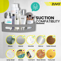 Zuvo No-Drill Shower Caddy With Suction Cups - Adhesive-Free Bathroom Shelf For Shampoo, Soap, Toiletries - Grey - thumbnail 4
