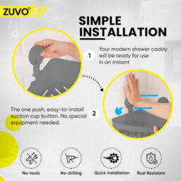 Zuvo No-Drill Shower Caddy With Suction Cups - Adhesive-Free Bathroom Shelf For Shampoo, Soap, Toiletries - Grey - thumbnail 5