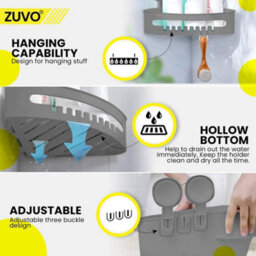 Zuvo No-Drill Shower Caddy With Suction Cups - Adhesive-Free Bathroom Shelf For Shampoo, Soap, Toiletries - Grey - thumbnail 6