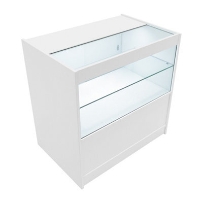 MonsterShop White Shop Counter Led Light C 900mm Lockable Sliding Doors 2 Keys Retail Storage Unit Display Showcase Cabinet Reception Desk - image 1