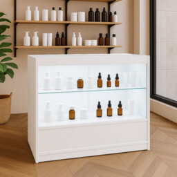 MonsterShop White Shop Counter Led Light C 900mm Lockable Sliding Doors 2 Keys Retail Storage Unit Display Showcase Cabinet Reception Desk - thumbnail 4