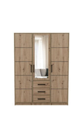 Arte Kos D3 Oak Artisan & Mirror 3 Door Wardrobe - Large Modern Storage With Drawers, Shelves & Hanging Rails - thumbnail 1