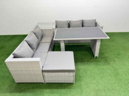 Fimous Rattan Garden Furniture Dining Set 7-Seater Patio Rectangular Table Sofa Set With Side Table Big Stool Light Grey - thumbnail 1