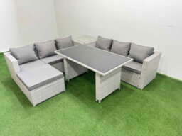 Fimous Rattan Garden Furniture Dining Set 7-Seater Patio Rectangular Table Sofa Set With Side Table Big Stool Light Grey - thumbnail 2