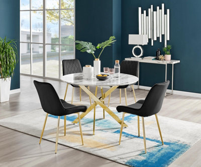 Furniturebox Uk Novara White Marble Gold Leg 120Cm Round Dining Table & 4 Black Pesaro Gold Leg Chairs - image 1