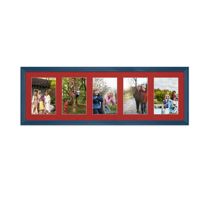 AK Frames 26X8 Navy Blue Classic Multi Photo Frame With Crimson Mount - Holds 5 Apertures (5X) 6X4 Photos - image 1
