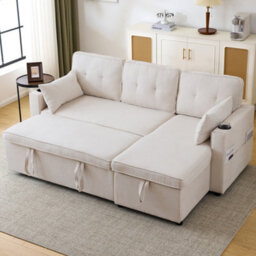 Btm 3 In 1 Convertible L Shaped Sofa Bed With Storage Chaise Cup Holders Pillows And Pocket Pull Out Sectional Beige