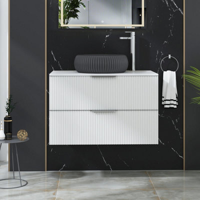 Royal Bathrooms Evora 800mm Matt White Fluted Wall Hung Countertop Vanity Unit 2 Drawer With Milan Black Basin - image 1