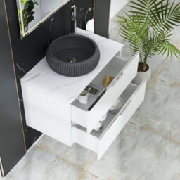 Royal Bathrooms Evora 800mm Matt White Fluted Wall Hung Countertop Vanity Unit 2 Drawer With Milan Black Basin - thumbnail 3