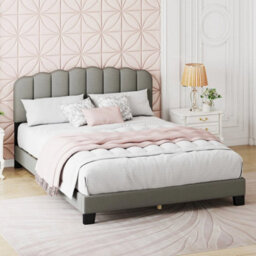Linen Upholstered Platform Bed With Adjustable Scalloped Tufted Headboard - thumbnail 3