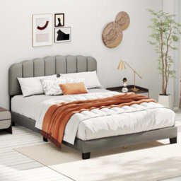 Linen Upholstered Platform Bed With Adjustable Scalloped Tufted Headboard - thumbnail 6