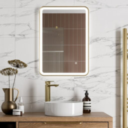 Aveli Rectangular Led Mirror Touch Bathroom Demister Mains Brushed Brass 500X700mm - thumbnail 1