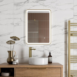 Aveli Rectangular Led Mirror Touch Bathroom Demister Mains Brushed Brass 500X700mm - thumbnail 2