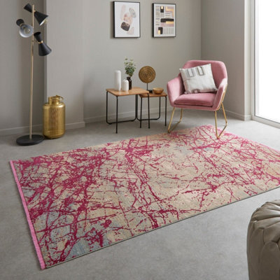 Pink Abstract Modern Kilim Machine Made Easy To Clean Viscose Polyester Rug For Living Room Bedroom And Dining Room-120Cm X 180Cm