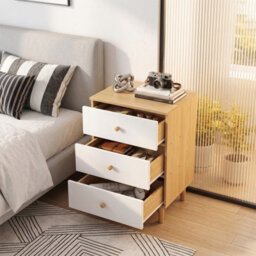 Living And Home White And Natural Wood 3-Drawer Bedside Table Nightstand, 40Cm (W) - thumbnail 2