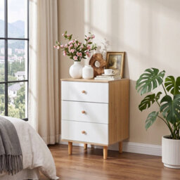 Living And Home White And Natural Wood 3-Drawer Bedside Table Nightstand, 40Cm (W) - thumbnail 1