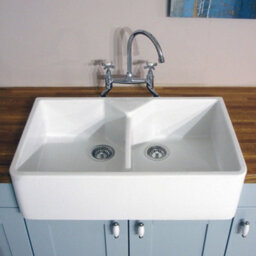 RAK Ceramics Rak Jacklyn 2-Bowl Gloss White Ceramic Belfast Butler Sink - Sit-On, 800 X 500 X 220 mm - thumbnail 5