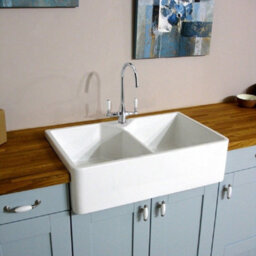 RAK Ceramics Rak Jacklyn 2-Bowl Gloss White Ceramic Belfast Butler Sink - Sit-On, 800 X 500 X 220 mm - thumbnail 1