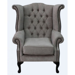 Chesterfield High Back Wing Chair Velluto Hessian Mink Fabric In Queen Anne Style - thumbnail 1