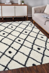 Melrose Shaggy Nomadic White Patterned Black Lines Indoor X-Large Area Rug 200/290Cm - thumbnail 1