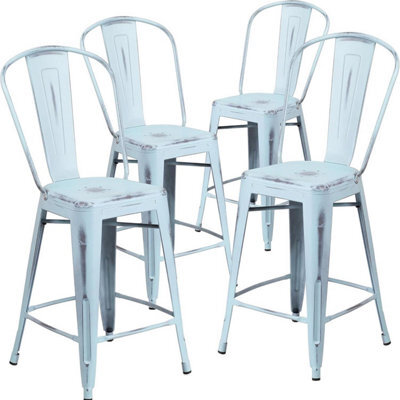 "Fwstyle Set Of 4 24"" Baby Blue Distressed Bar Stools Galvanised Steel" - image 1