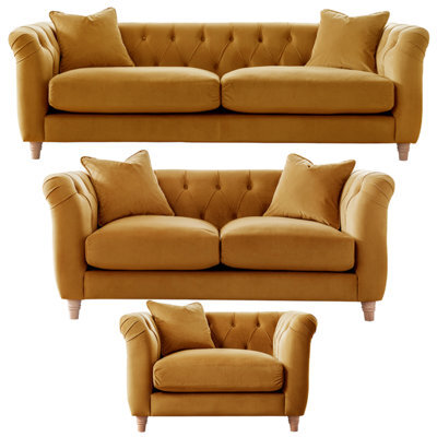 Furnishings For Less UK Elsie Velvet Chesterfield Plush Velvet Ochre 3 Seater + 2 Seater + Armchair Set - image 1