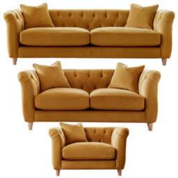 Furnishings For Less UK Elsie Velvet Chesterfield Plush Velvet Ochre 3 Seater + 2 Seater + Armchair Set - thumbnail 1