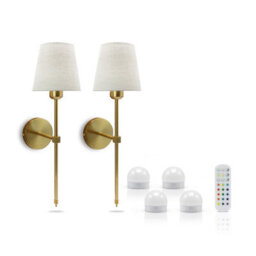 Auraglow Omniance Monaco Rechargeable Wireless Wall Lights With Remote - Brass - 2 Lamps, 4 Light Sources, 1 Remote