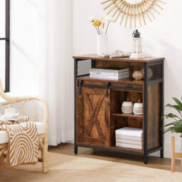 Songmics Vasagle Storage Cabinet, Cupboard With Sliding Barn Door, Open Compartment, Adjustable Shelf, Industrial, For Hallway, Living Room - thumbnail 2