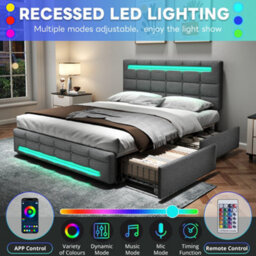 Btm 4Ft6 Double Upholstered Bed With Led Lighting And Storage Drawers Linen Fabric Adjustable Tufted Headboard No Mattress - thumbnail 6