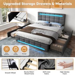 Btm 4Ft6 Double Upholstered Bed With Led Lighting And Storage Drawers Linen Fabric Adjustable Tufted Headboard No Mattress - thumbnail 7