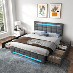 Btm 4Ft6 Double Upholstered Bed With Led Lighting And Storage Drawers Linen Fabric Adjustable Tufted Headboard No Mattress - thumbnail 4