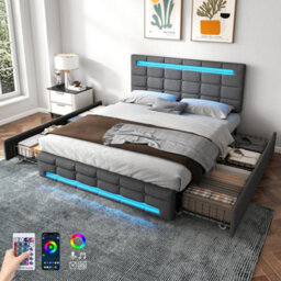 Btm 4Ft6 Double Upholstered Bed With Led Lighting And Storage Drawers Linen Fabric Adjustable Tufted Headboard No Mattress - thumbnail 2