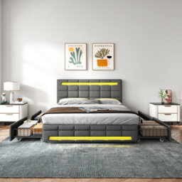 Btm 4Ft6 Double Upholstered Bed With Led Lighting And Storage Drawers Linen Fabric Adjustable Tufted Headboard No Mattress - thumbnail 3