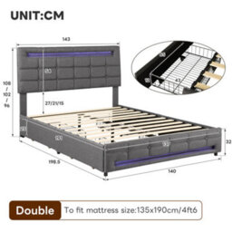 Btm 4Ft6 Double Upholstered Bed With Led Lighting And Storage Drawers Linen Fabric Adjustable Tufted Headboard No Mattress - thumbnail 8
