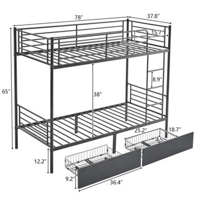 Single Bunk Bed Frame Metal Loft Sleeper Two Drawers Ladder Safety Guardrail - image 1