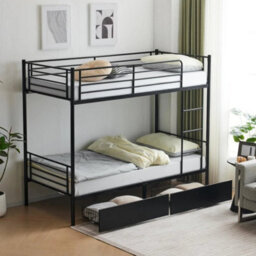 Single Bunk Bed Frame Metal Loft Sleeper Two Drawers Ladder Safety Guardrail - thumbnail 2