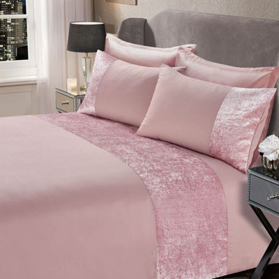 Ohs Crushed Velvet Panel Duvet Cover With Pillow Case Set - Blush, Double