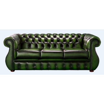 Chesterfield 3 Seater Antique Green Leather Sofa Bespoke In Kimberley Style - image 1