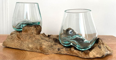 My Square Mile Double Molten Glass Bowls On Wood Root Stand Glass Rustic Decorative Ornament Sculpture Key Sweet Display Dish - image 1