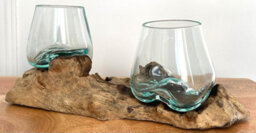 My Square Mile Double Molten Glass Bowls On Wood Root Stand Glass Rustic Decorative Ornament Sculpture Key Sweet Display Dish - thumbnail 1