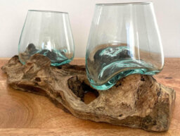 My Square Mile Double Molten Glass Bowls On Wood Root Stand Glass Rustic Decorative Ornament Sculpture Key Sweet Display Dish - thumbnail 2
