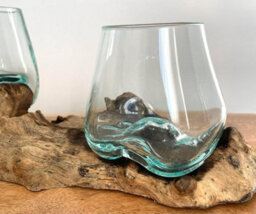 My Square Mile Double Molten Glass Bowls On Wood Root Stand Glass Rustic Decorative Ornament Sculpture Key Sweet Display Dish - thumbnail 3