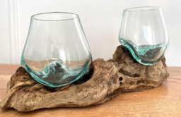 My Square Mile Double Molten Glass Bowls On Wood Root Stand Glass Rustic Decorative Ornament Sculpture Key Sweet Display Dish - thumbnail 4